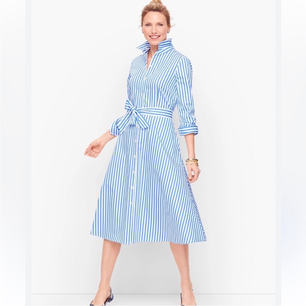 Talbots Blue and White Buttoned Tie Front Midi Dress